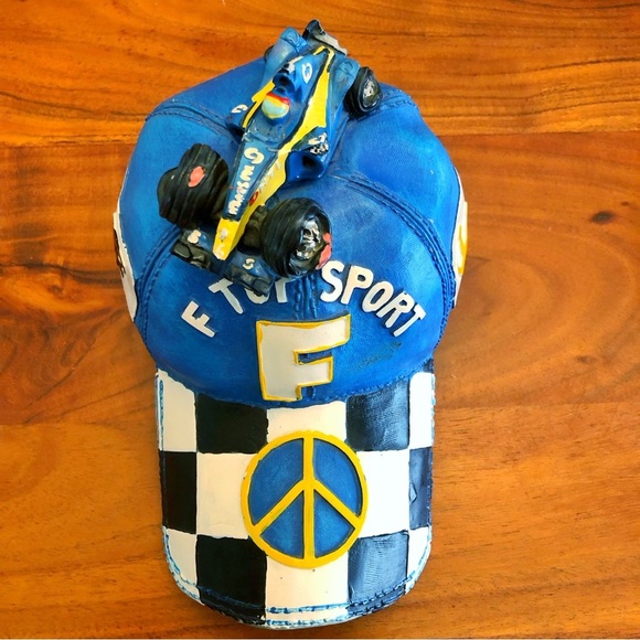 Vintage Rear F1 Car On Top Blue Cap with Black & White Checkered Coin Piggy Tank - Picture 5 of 12